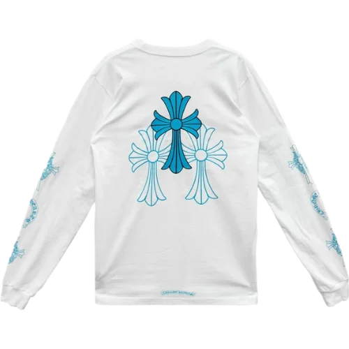 Chrome-Hearts-Blue-Cross-Floral-White-Long-Sleeve-T-Shirt-1 Chrome Hearts Blue Cross Floral White Long Sleeve T-Shirt