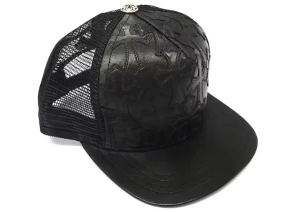 Chrome Hearts Cemetary Cross Leather Stitched Trucker Hat Black