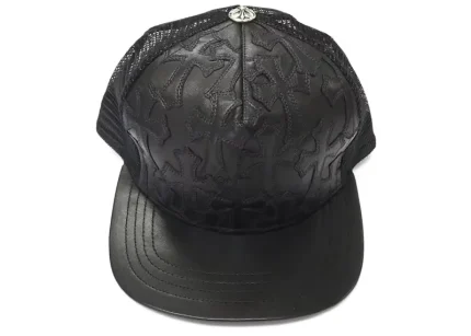Chrome Hearts Cemetary Cross Leather Stitched Trucker Hat Black
