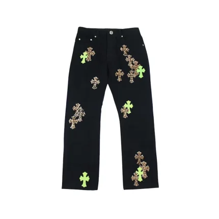 Chrome Hearts Green & Leopard Cross Patch Jeans Black