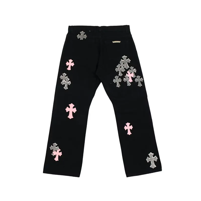 Chrome-Hearts-Pink-Checkered-Cross-Patch-Fleurknee-Jeans-Black-2