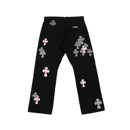 Chrome Hearts Pink & Checkered Cross Patch Fleurknee Jeans Black
