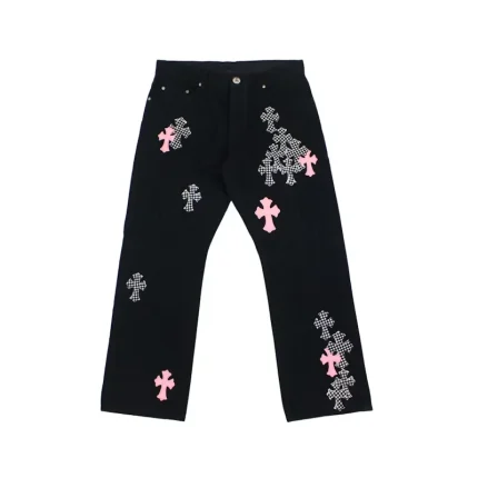 Chrome Hearts Pink & Checkered Cross Patch Fleurknee Jeans Black