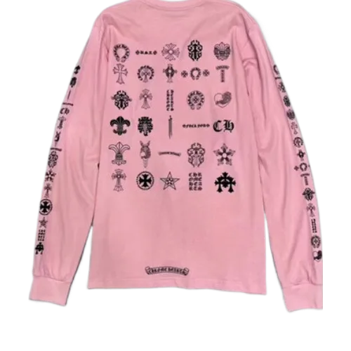 Chrome-Hearts-Pink-Logos-LS-Tee-2 Classic Chrome Hearts Different Logo Pink Long Sleeve Tee