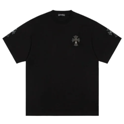 Chrome-heart-Black-leather-Cross-Patch-Tee Chrome Heart Black Leather Cross Patch T-Shirt