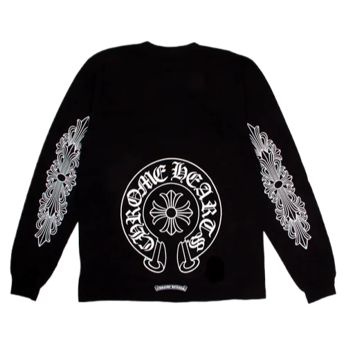 HORSESHOE-LONG-SLEEVE-1 Stylish Chrome Hearts Horseshoe Black Long Sleeve Tee