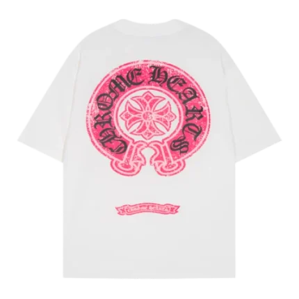 Casual Pink Chrome Hearts logo Black Tee with Dropped Sleeves