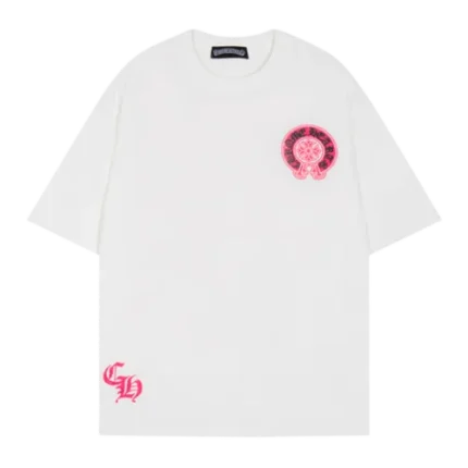 Casual Pink Chrome Hearts logo Black Tee with Dropped Sleeves