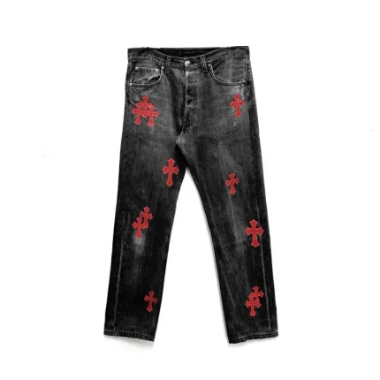 Chrome Hearts 1of1 Red Leather Cross Patches Dark Grey Jeans