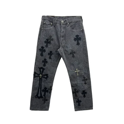 Chrome Hearts Black & Grey Silver Cross Patch Jeans