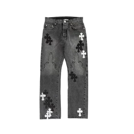 Chrome Hearts Black & White Cross Patch Flame Knee Jeans