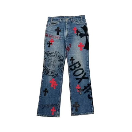 Chrome Hearts Black&Red Cross Patches Spraypainted Jeans
