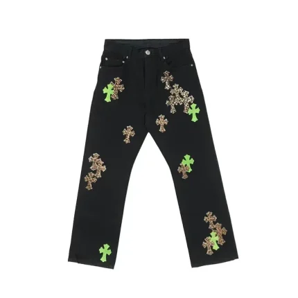 Chrome Hearts Leopard Green Leather Cross Patch Jeans