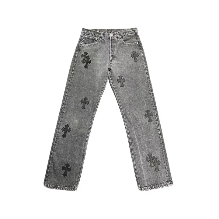 chrome-hearts-levis-501-black-cross-patch-grey-jean-678774 Chrome Hearts Levi's 501 Black Cross Patch Grey Jeans