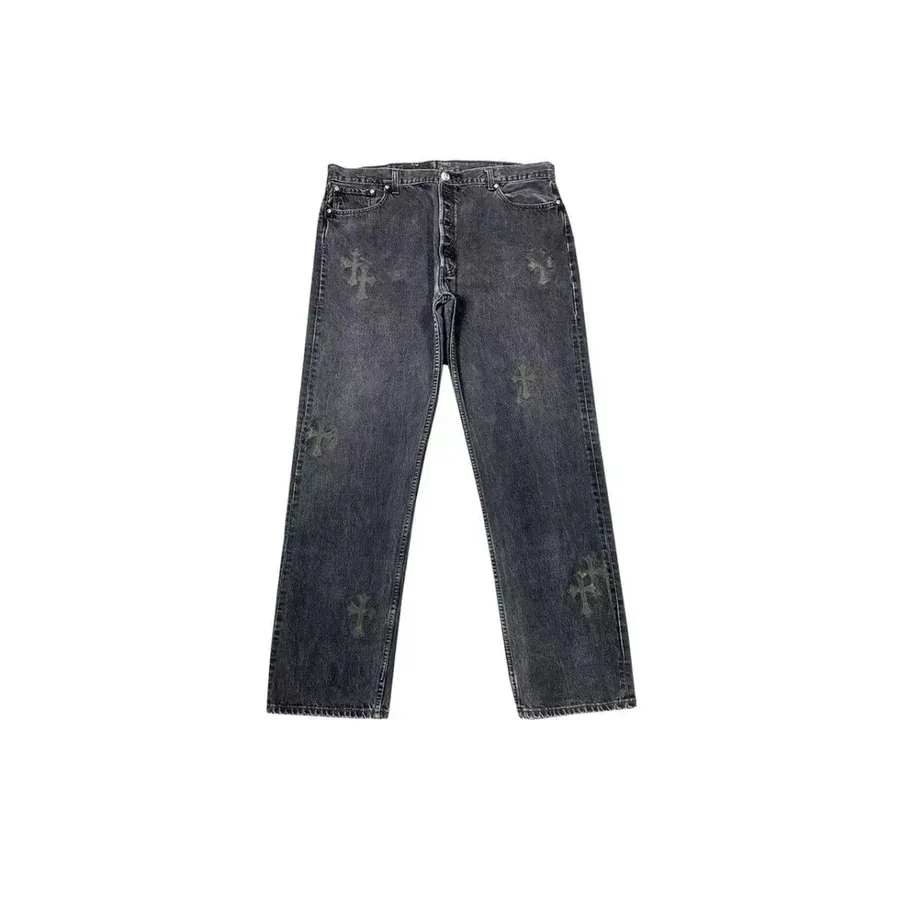 chrome-hearts-levis501-black-leather-patch-grey-jeans-779462 (1) Chrome Hearts Levi's 501 Black Leather Patch Grey Jeans