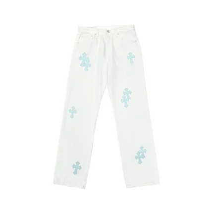 Chrome Hearts St Barth Baby Blue Cross Patch White Jeans